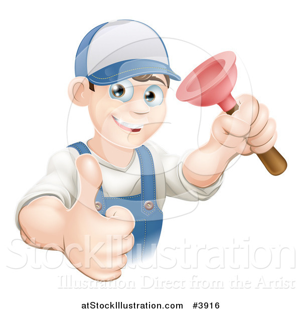 Vector Illustration of a Happy Young Plumber Holding a Plunger and a Thumb up