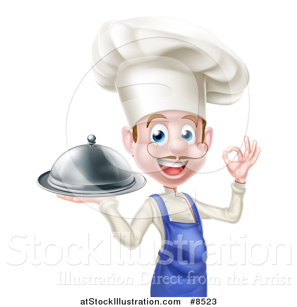 Vector Illustration of a Happy Young White Male Chef with a Mustache, Gesturing Ok and Holding a Cloche Platter