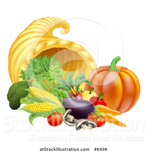 Vector Illustration of a Harvest of Fall Vegetables and a Thanksgiving Cornucopia
