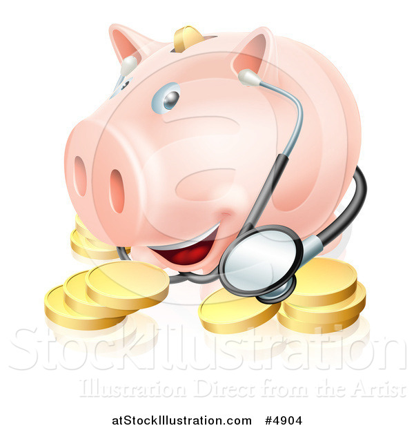 Vector Illustration of a Health Care Piggy Bank with a Stethoscope and Gold Coins