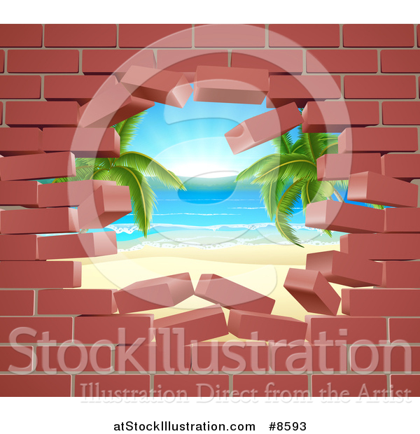 Vector Illustration of a Hole in a 3d Brick Wall, Revealing a Tropical Beach