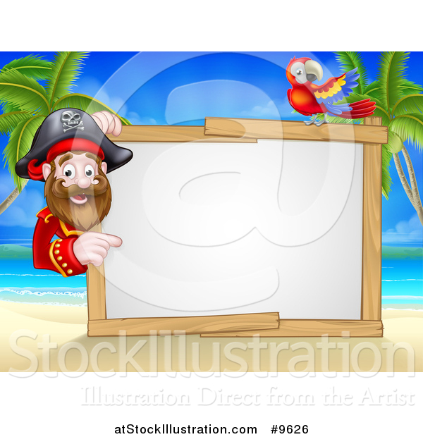 Vector Illustration of a Hook Handed Pirate Captain with a Parrot Around a Blank Sign on a Tropical Beach