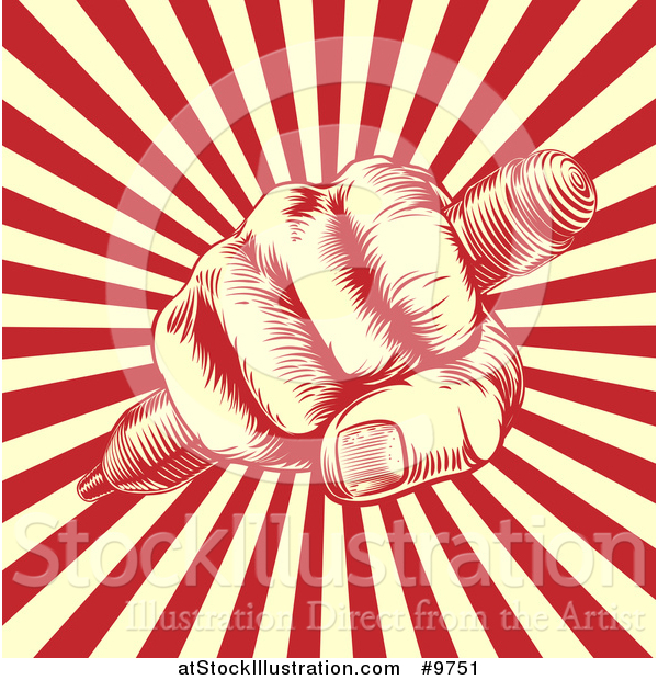 Vector Illustration of a Human Fist Gripping a Pencil over Red Rays - Retro Woodcut Style