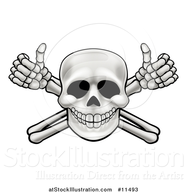 Vector Illustration of a Human Skull over Crossbone Arms Giving Thumbs up