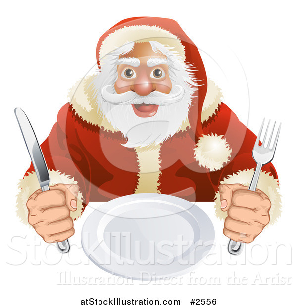 Vector Illustration of a Hungry Santa Seated with a Blank Plate