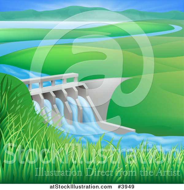 Vector Illustration of a Hydroelectric Dam in a Hilly Landscape