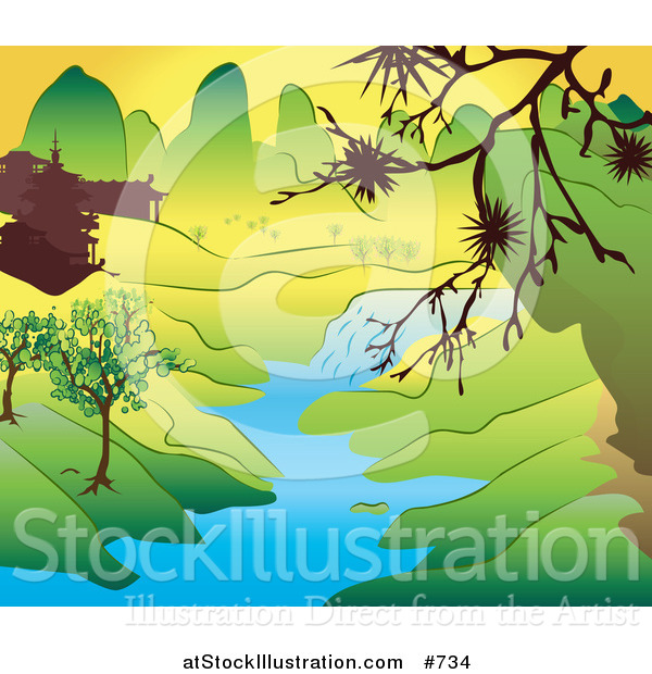 Vector Illustration of a Japanese Landscape with Mountains, Buildings and a River