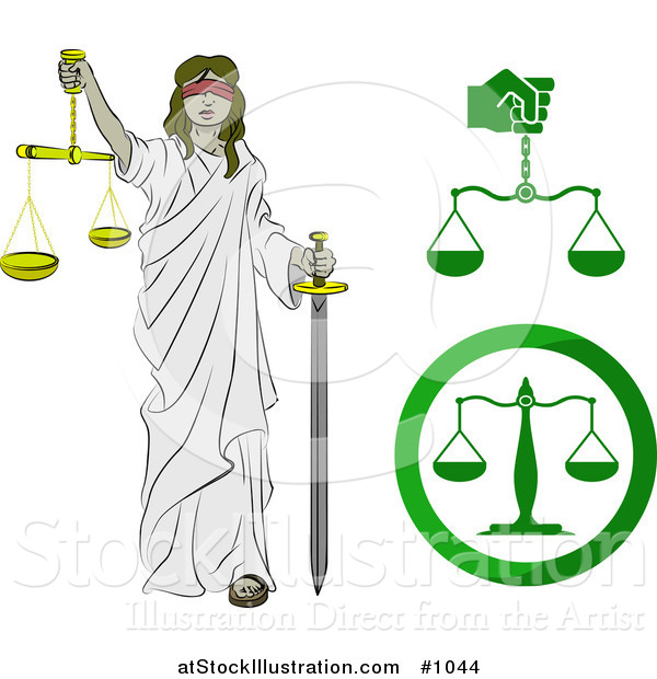 Vector Illustration of a Lady Justice, Blindfolded, Carrying a Sword and Scales