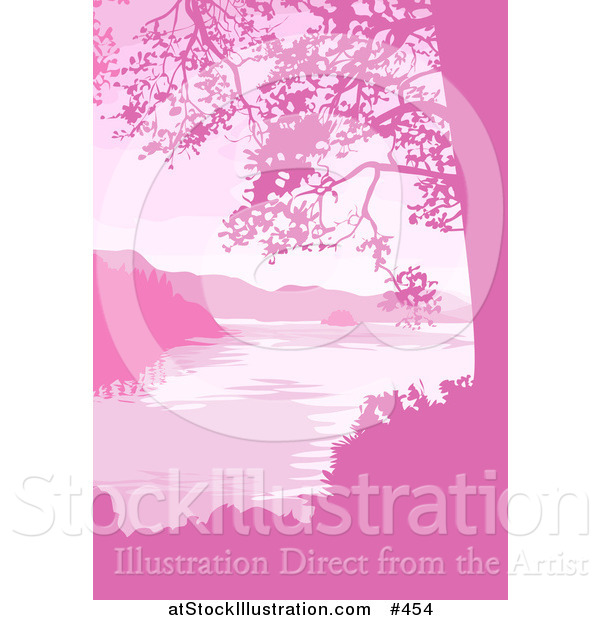 Vector Illustration of a Lake, Mountains and Trees in Pink Tones