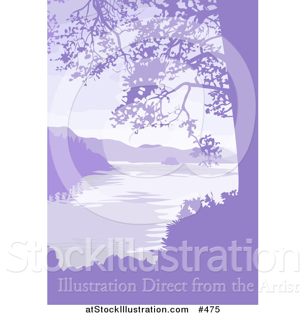 Vector Illustration of a Lake, Mountains and Trees in Purple Tones