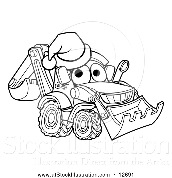 Vector Illustration of a Lineart Bulldozer Digger Mascot Character Wearing a Santa Hat