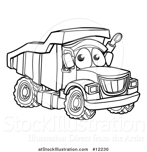 Vector Illustration of a Lineart Dump Truck Mascot Character