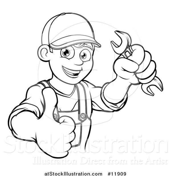 Vector Illustration of a Lineart Happy Male Mechanic Holding a Spanner Wrench and Giving a Thumb up