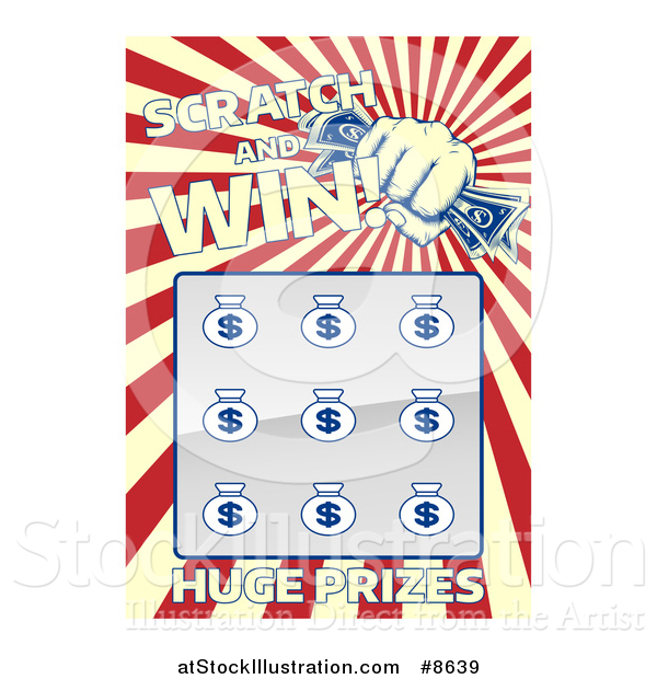 Vector Illustration of a Lottery Instant Scratch and Win Scratchcard with a Fist Holding Cash and Rays