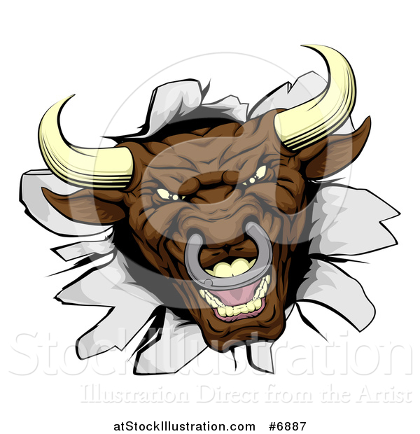 Vector Illustration of a Mad Aggressive Brown Bull Breaking Through a Wall