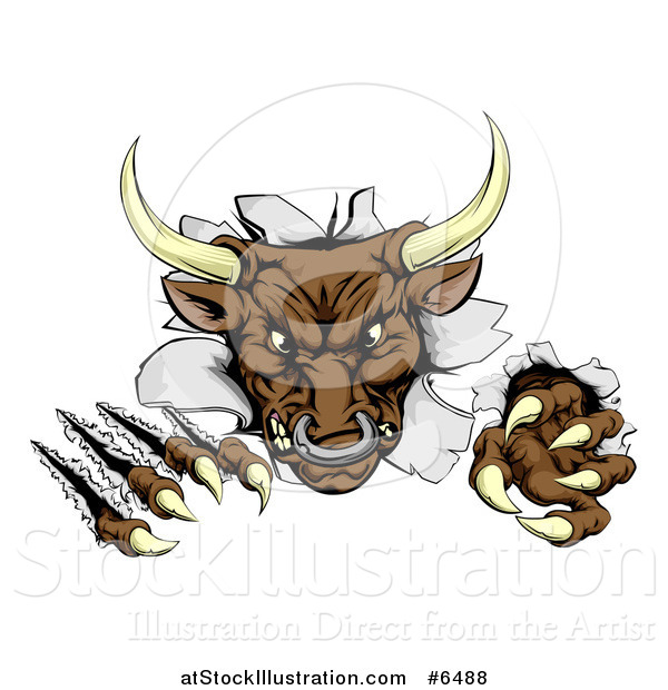 Vector Illustration of a Mad Aggressive Bull Monster Clawing Through a Wall