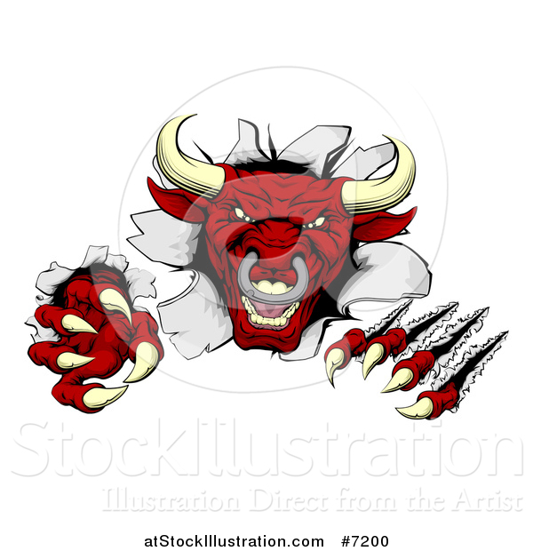 Vector Illustration of a Mad Aggressive Clawed Red Bull Monster Slashing Through a Wall 2