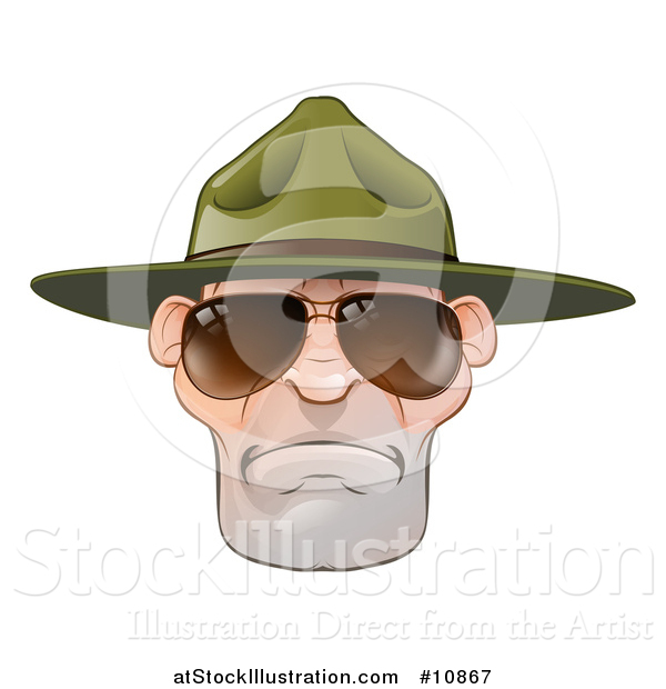 Vector Illustration of a Mad Caucasian Male Army Boot Camp Drill Sergeant Face with Sunglasses