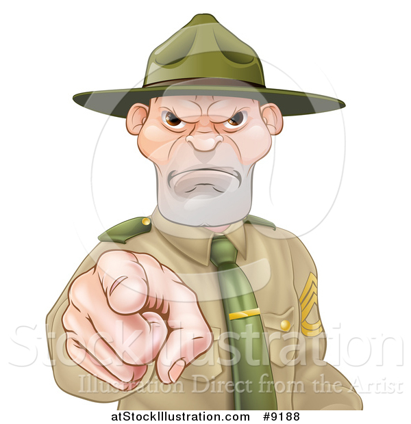 Vector Illustration of a Mad Caucasian Male Army Boot Camp Drill Sergeant Pointing at You