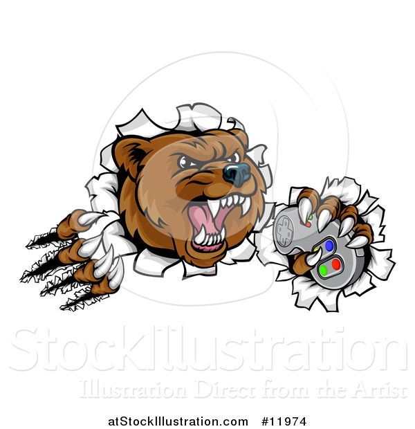 Vector Illustration of a Mad Grizzly Bear Mascot Breaking Through a Wall and Holding a Video Game Controller