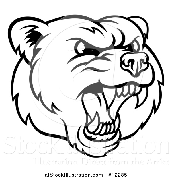 Vector Illustration of a Mad Grizzly Bear Mascot Head, Black and White