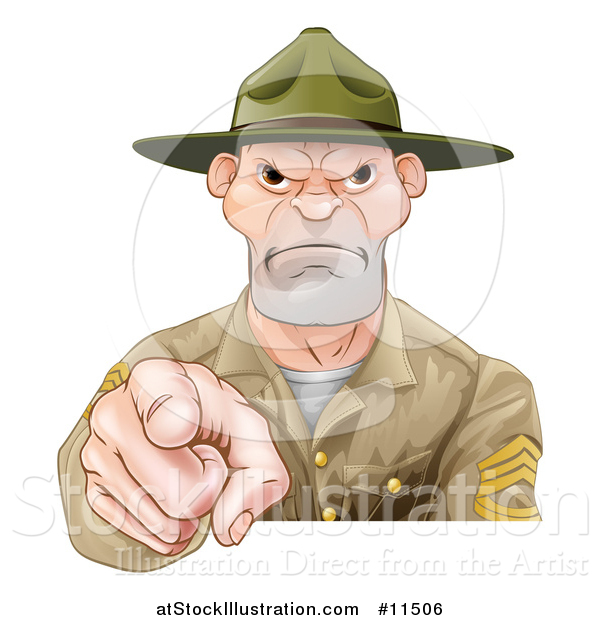 Vector Illustration of a Mad Male Army Boot Camp Drill Sergeant Pointing at You