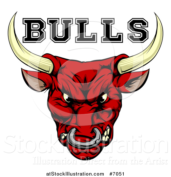 Vector Illustration of a Mad Snarling Red Bull Mascot Head and Text