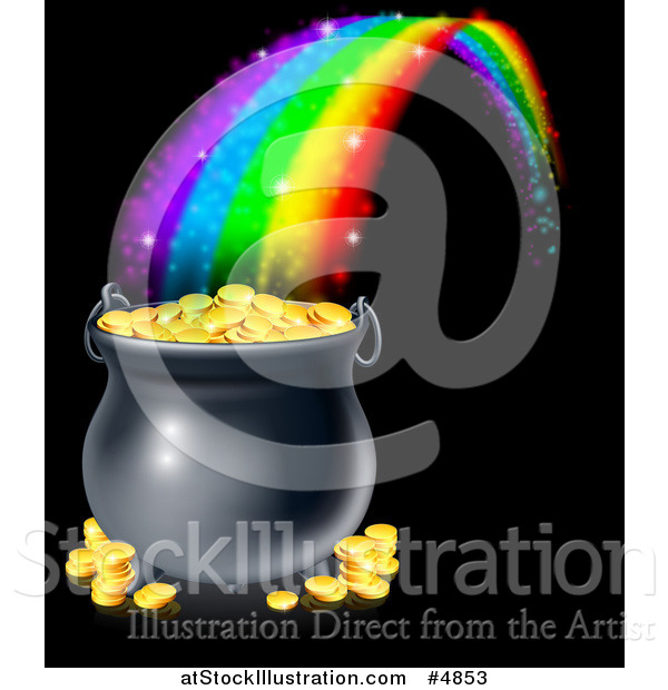 Vector Illustration of a Magic Rainbow Ending at a Pot of Gold over Black