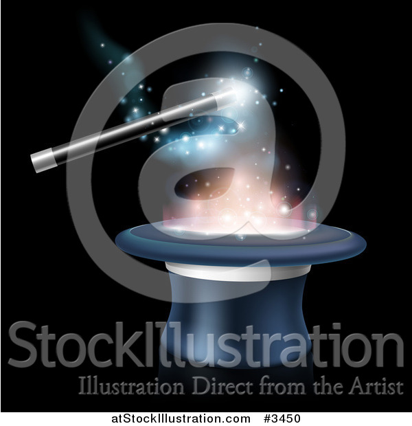 Vector Illustration of a Magic Wand and Sparkles over a Top Hat on Black