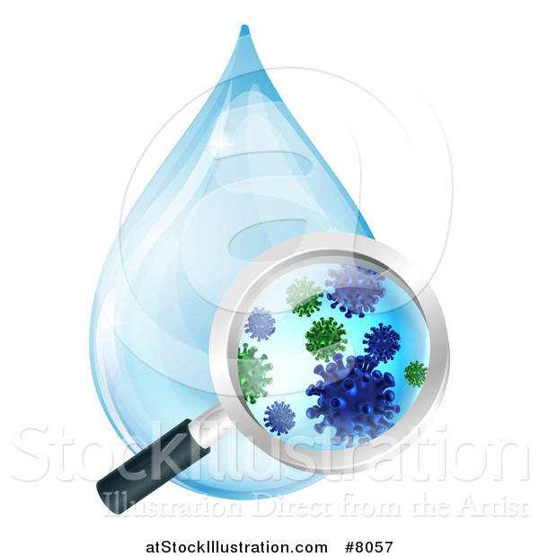 Vector Illustration of a Magnifying Glass Discovering Microscopic Bacteria in a Water Drop