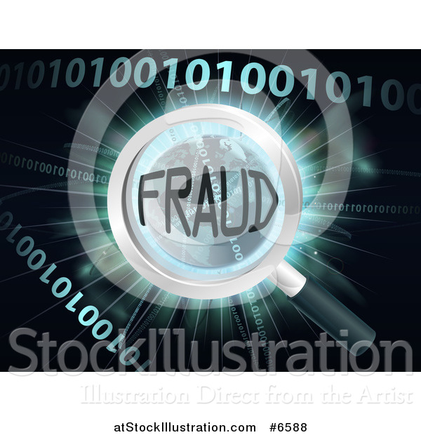 Vector Illustration of a Magnifying Glass Focused on FRAUD over Earth, a Burst and Binary Code