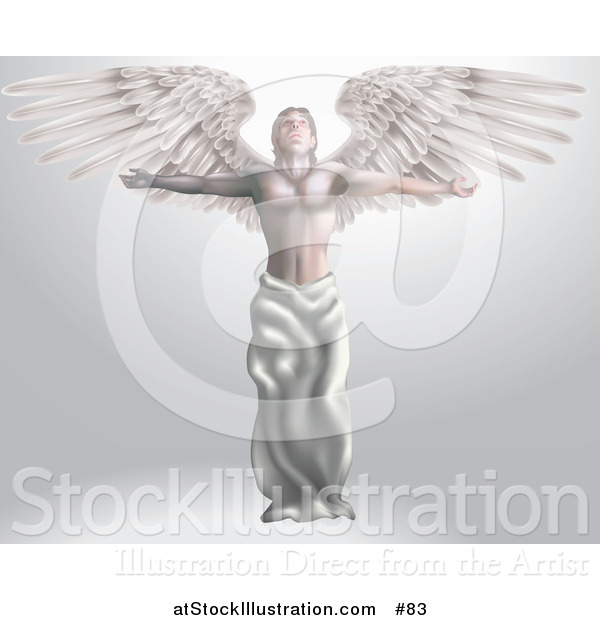 Vector Illustration of a Majestic Male Guardian Archangel with Arms and Wings Stretched Out, Looking up at Heaven