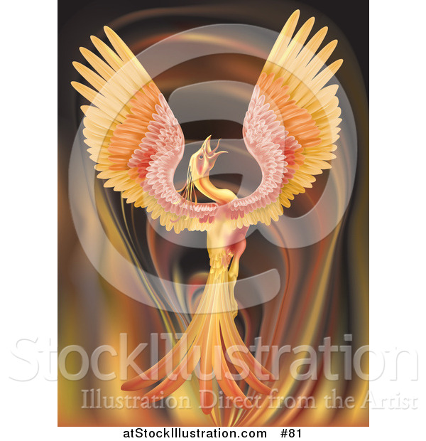 Vector Illustration of a Majestic Phoenix Firebird Stretching Its Wings over a Fiery Background