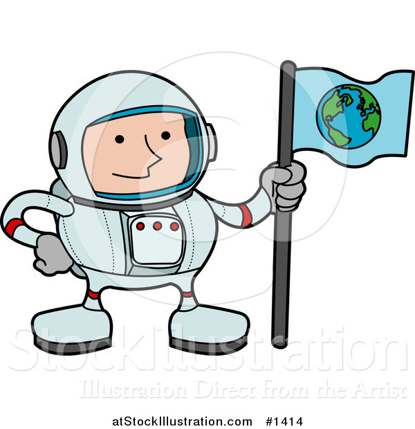 Vector Illustration of a Male Astronaut in a Space Suit, Holding a World Flag and Standing on a Planet