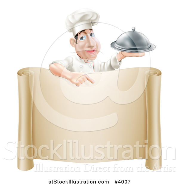 Vector Illustration of a Male Chef Holding a Platter and Pointing down at a Scroll Menu