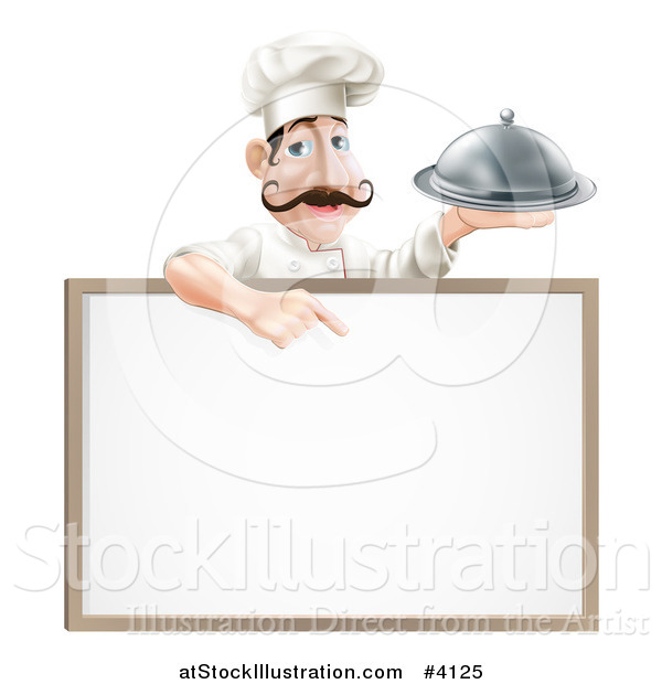 Vector Illustration of a Male Chef Holding a Platter and Pointing down at a White Board