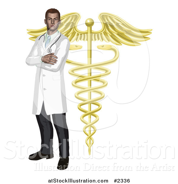 Vector Illustration of a Male Doctor with a Golden Caduceus Symbol