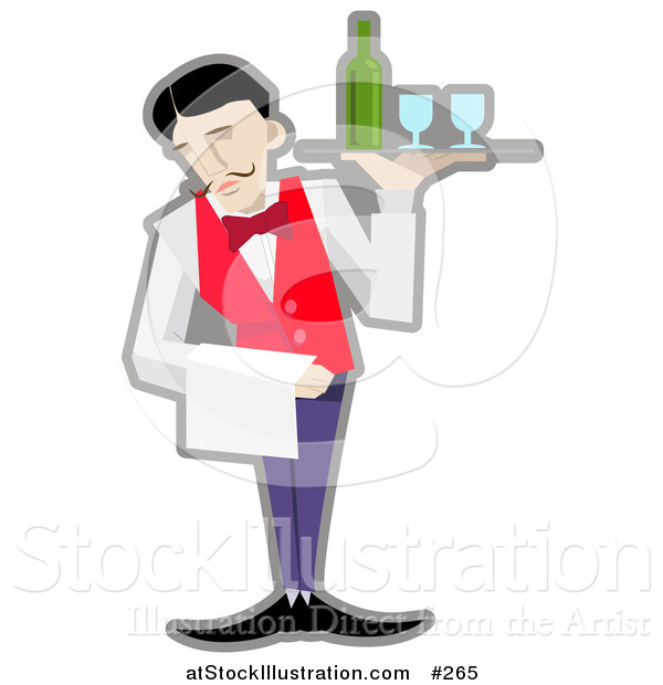 Vector Illustration of a Male Servant Holding a Tray with Wineglasses and a Bottle of Wine