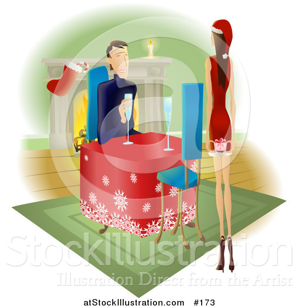 Vector Illustration of a Man Watching His Wife or Girlfriend As She Walks Towards Him with a Gift Behind Her Back