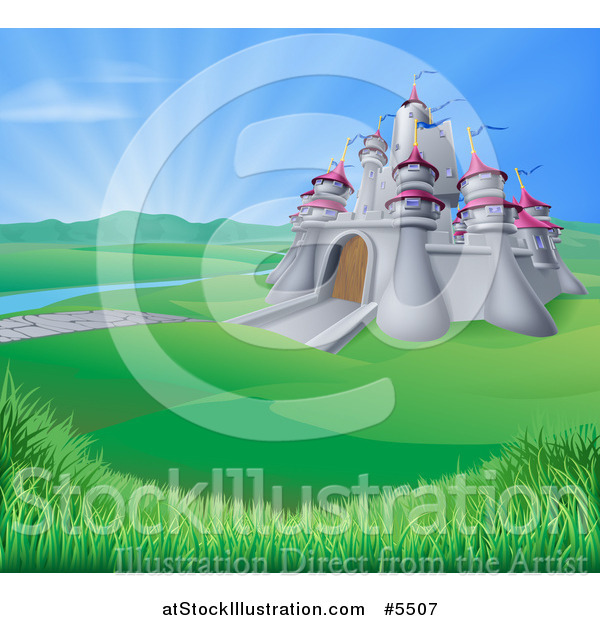 Vector Illustration of a Medieval Castle in a Valley with Sunshine in the Distance