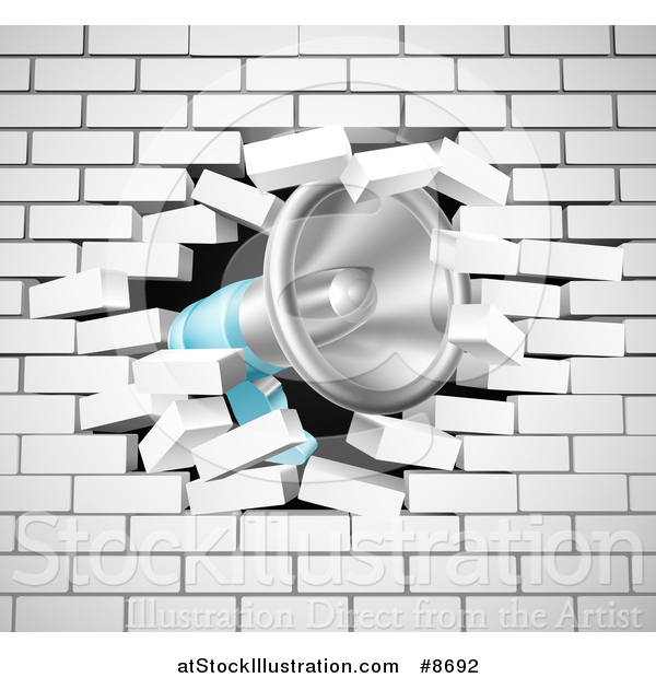 Vector Illustration of a Megaphone Breaking Through a White Brick Wall