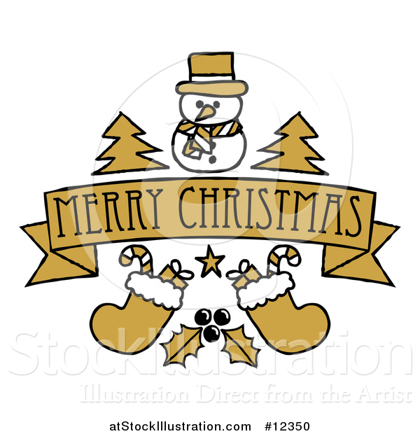 Vector Illustration of a Merry Christmas Banner with Holly Stockings Trees and a Snowman