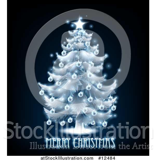 Vector Illustration of a Merry Christmas Greeting Under a Blue Glowing Tree on Black