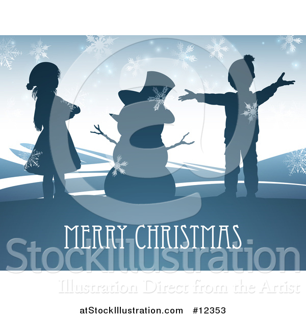 Vector Illustration of a Merry Christmas Greeting with Children and a Snowman