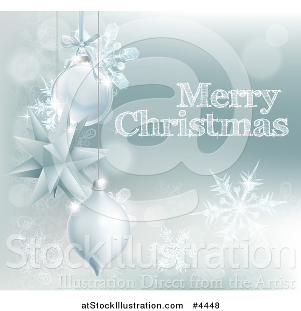 Vector Illustration of a Merry Christmas Greeting with Snowflakes and Suspended Silver Baubles