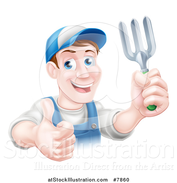 Vector Illustration of a Middle Aged Brunette White Male Gardener in Blue, Holding a Garden Fork and Thumb up