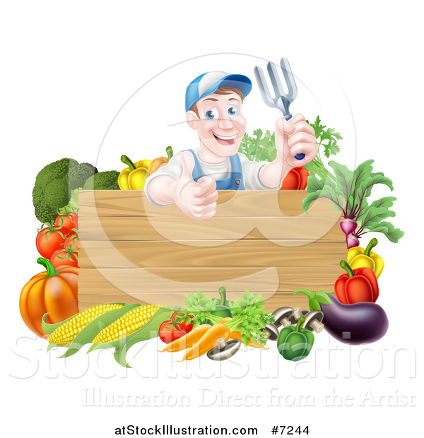 Vector Illustration of a Middle Aged Brunette White Male Gardener in Blue, Holding up a Garden Fork and Giving a Thumb up over a Blank Wood Sign with Produce