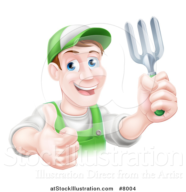 Vector Illustration of a Middle Aged Brunette White Male Gardener in Green, Holding a Garden Fork and Thumb up