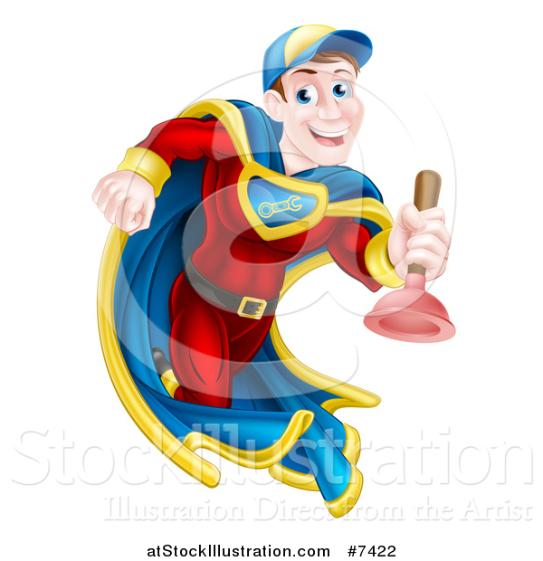 Vector Illustration of a Middle Aged Brunette White Male Plumber Super Hero Running with a Plunger