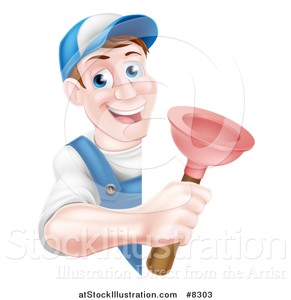 Vector Illustration of a Middle Aged Brunette White Male Plumber Wearing a Baseball Cap, Holding a Plunger Around a Sign